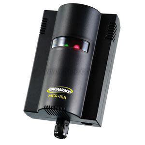 Black rectangular gas detection device with a curved top, a small window showing green and red lights, and the Bacharach logo.