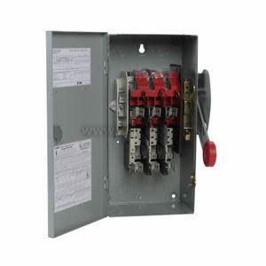 Photo of a grey metal safety disconnect switch cabinet with the door open to expose red three‑pole fuse holders and a red lever on the side for switching.