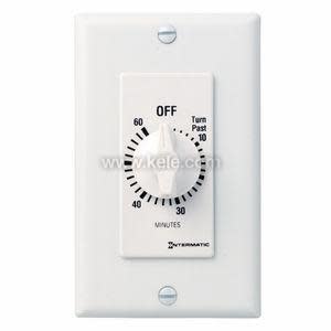 A white wall timer with a round dial that turns from zero to sixty minutes with an off marking.
