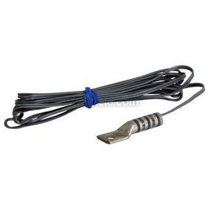 Long black cable with a flat metal probe with slots at the end, designed to wrap around pipes to sense temperature.