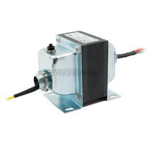 Metal transformer with rectangular lamination, zinc housing, base plate and insulated wire leads on both ends.