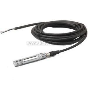 Long black cable attached to a slim metallic sensor with open slots at the end, used for measuring humidity and temperature.