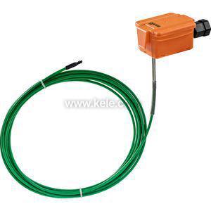 Small orange sensor housing attached to a thin stainless rod with a long green cable coiled around it
