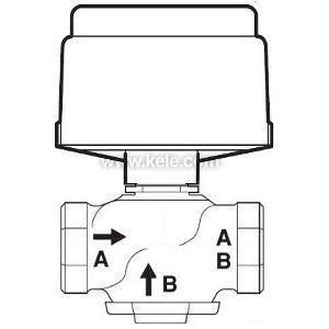 diagram of a three-way valve with large actuator housing; ports labeled A and B with arrows indicating flow paths to side and bottom connections
