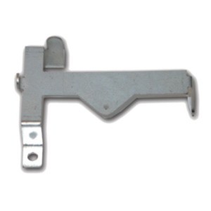A flat silver metal piece with a small hole on one end and an irregular shape, used as a mounting bracket for an actuator.
