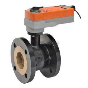 Black flanged valve with orange Belimo actuator on top.