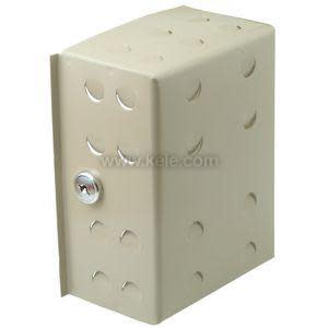 Small rectangular beige metal housing with multiple round perforations and a locking cam latch on front
