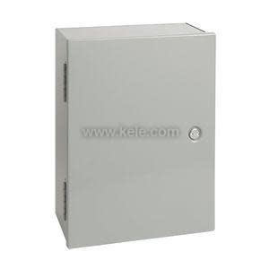 Rectangular grey metal box with removable front panel and mounting flanges.