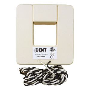 Beige square current transformer with a rectangular window in the middle, labelled Dent Instruments 600 AMP, and a long black and white coiled wire extending from the bottom.