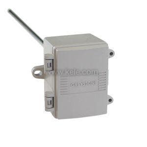 Compact rectangular grey sensor housing labeled Greystone, with a slender metal rod extending from one side for measuring air temperature
