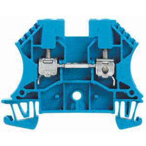 Front view of a blue electrical terminal block featuring two metal screw clamps and molded plastic structure.