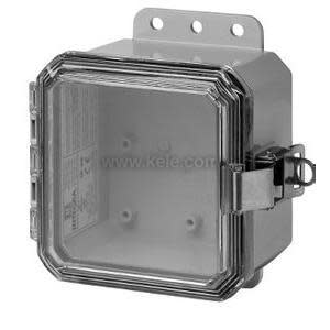 Compact polycarbonate junction box featuring a clear hinged cover and side locking clasp for padlock