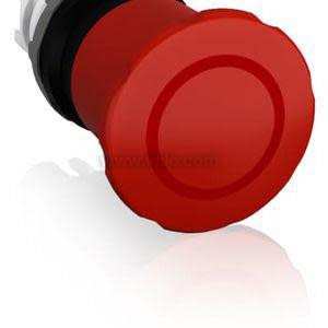 Bright red round push button with flat top and black threaded base.