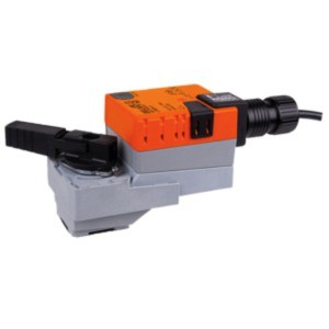 Compact actuator with orange housing, grey gearbox and black lever on side