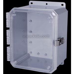 Tall rectangular weatherproof box featuring a transparent door, interior mounting bosses and a metal locking latch