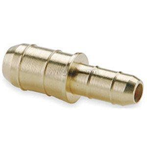 Short brass fitting with two barbed ends of different sizes.