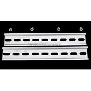 Two light gray perforated mounting rails displayed with four hex-head screws against a dark background