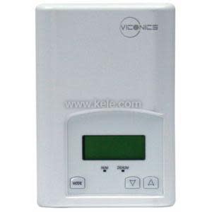 White rectangular thermostat labelled Viconics, featuring small LCD screen and three push buttons labelled mode, arrow up and arrow down