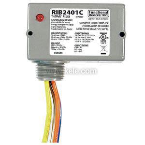 Small gray relay box with label and red LED; multiple colored wires exit the bottom through a conduit fitting.