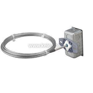 Coiled cable temperature sensor with multiple sensing beads attached to a metal junction box.