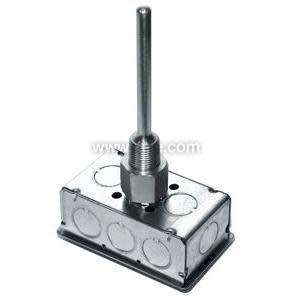 Rectangular metal electrical box with knockouts and a vertical stainless steel probe mounted via threaded fitting.