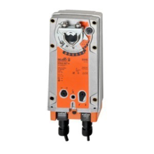Rectangular Belimo actuator with orange front, silver frame, gear mechanism and two cable connectors.