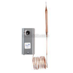 Gray thermostat box with dial and attached copper bulb on a long coil.