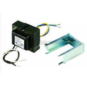 A small black electrical transformer with four colored wires extending from it, next to an open U‑shaped metal bracket for mounting.