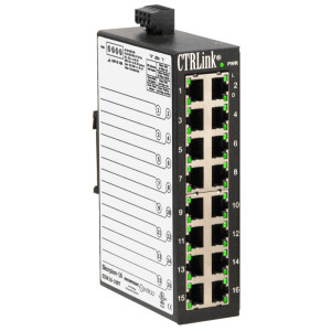 Tall black switch module with two columns of eight RJ45 ports each and green link LEDs on the right side.
