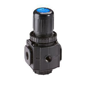 Black pneumatic regulator with blue dial.