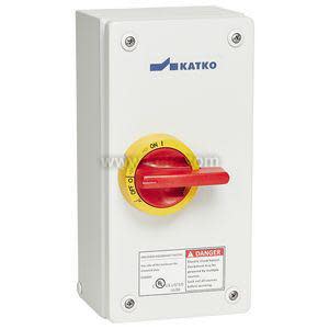 A small rectangular white enclosure with a red lever set in a yellow disc and a danger label.