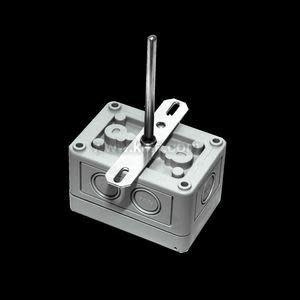 Weather-resistant grey box with circular knockouts, metal bracket on top and a straight metal rod sticking up.