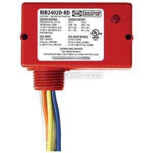 A compact red electrical relay device with a printed specification label on the front and a bundle of yellow, blue, and orange wires extending from the bottom