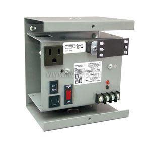 Power supply unit featuring outlet, toggle switches and blue terminal block on base plate