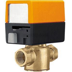 Brass zone valve with small orange and black actuator attached
