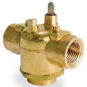 Technical illustration of a small metal valve with three openings arranged in a T-shape.