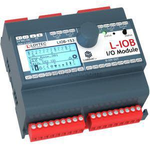 Grey electronic control module labelled LiOB‑153 with a small screen displaying measurements and two rows of red connector terminals.