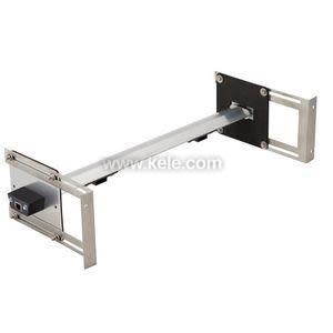 Rectangular metal probe with square mounting plates on each end and a small black control box attached