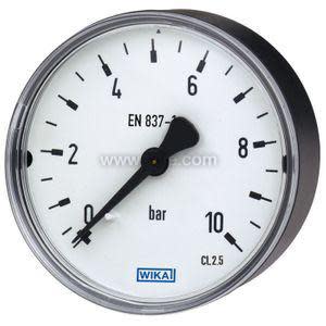 Round pressure gauge with white face showing 0–10 bar