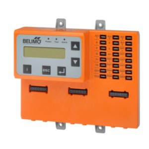 Orange Belimo base controller with small LCD screen, buttons and many connector ports
