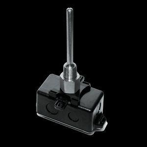 Black rectangular switch with metal plunger on top and two screw terminals