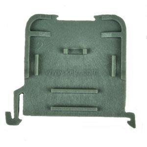 Flat grey plastic piece with various tabs and slots designed to clip onto a DIN rail