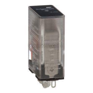 A small rectangular electrical relay encased in smoky translucent plastic with visible internal components and three flat metal connectors at the base.