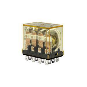 Transparent yellow-cased relay showing four internal contact units and two rows of pins.