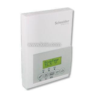 White wall thermostat with a green digital display and two round push buttons