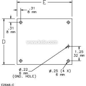 Line drawing of a square plate showing measurements and positions of four mounting holes.