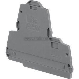Grey trapezoidal end cover for a DIN rail terminal block