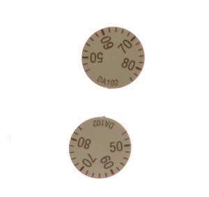 Pair of small beige circular discs marked with numbers from 50 to 80 around the edge, intended as indicator dials.