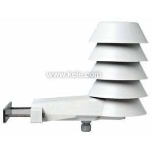 White cylindrical sensor with multi-plate radiation shield and mounting bracket.