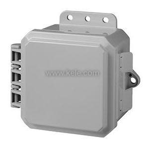 Small light gray electrical enclosure with a plain front panel, side hinge and three-hole mounting bracket on top